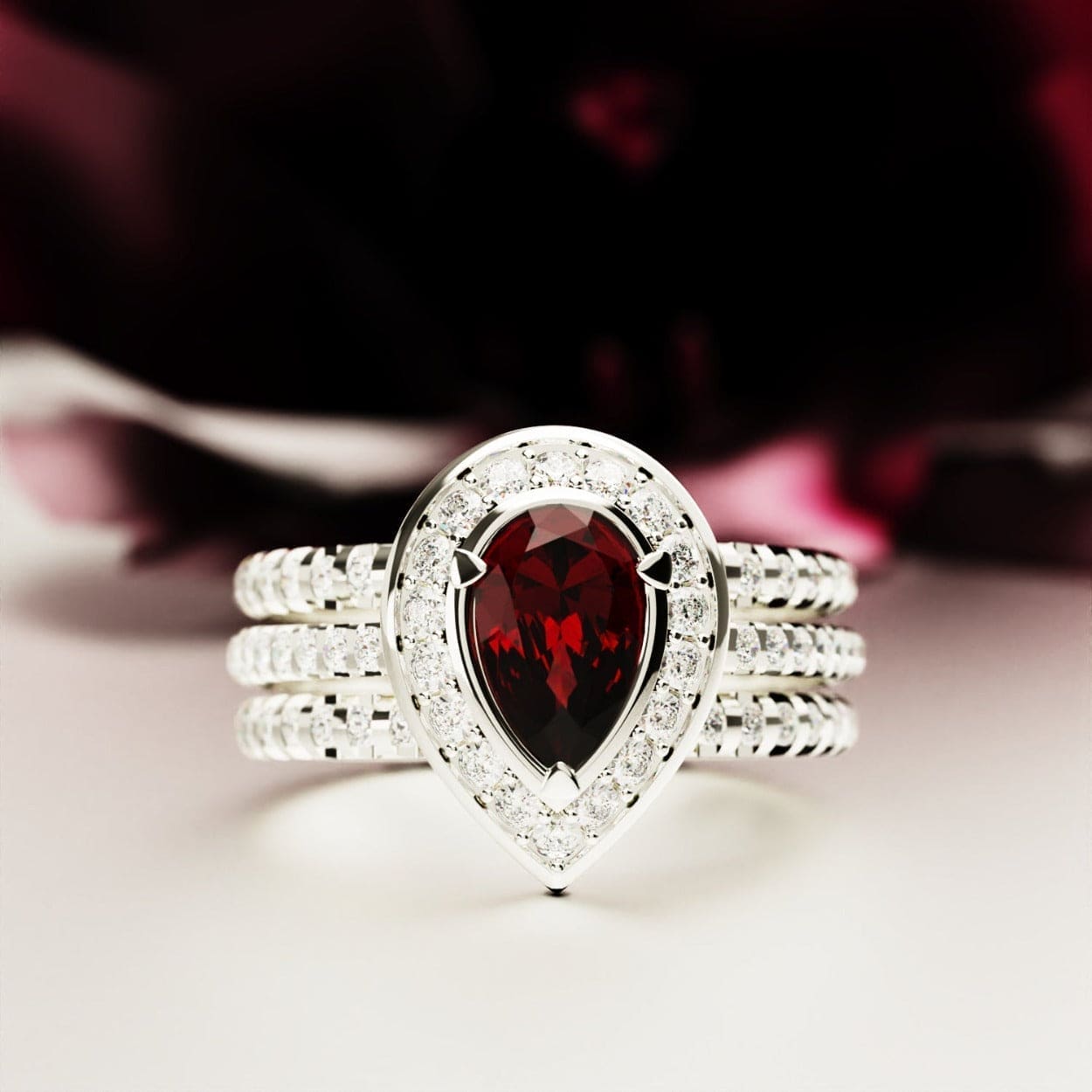 Crimson Teardrop: Pear Shaped Garnet Cut Halo Ring - S925
