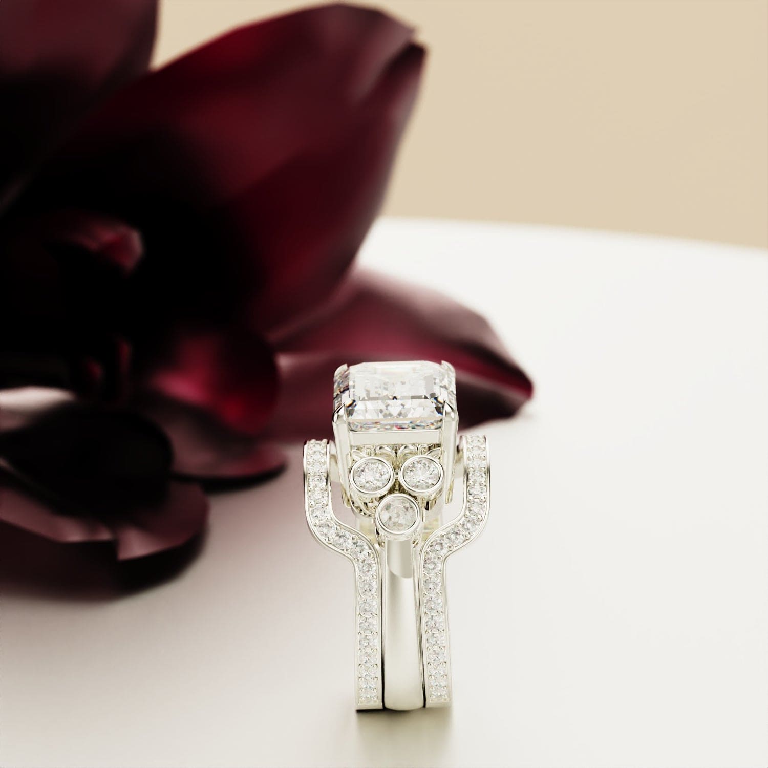 Amour Éternel : Ensemble Bague Diamant Taille Émeraude - Argent Sterling S925