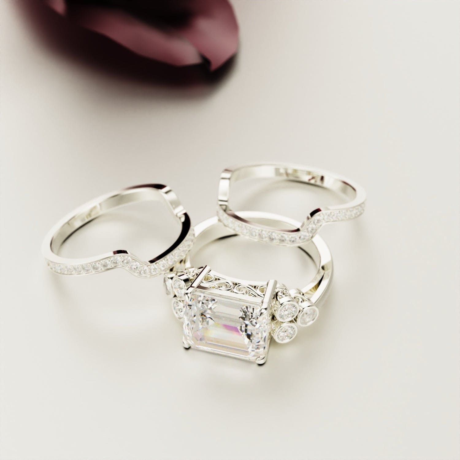 Amour Éternel : Ensemble Bague Diamant Taille Émeraude - Argent Sterling S925