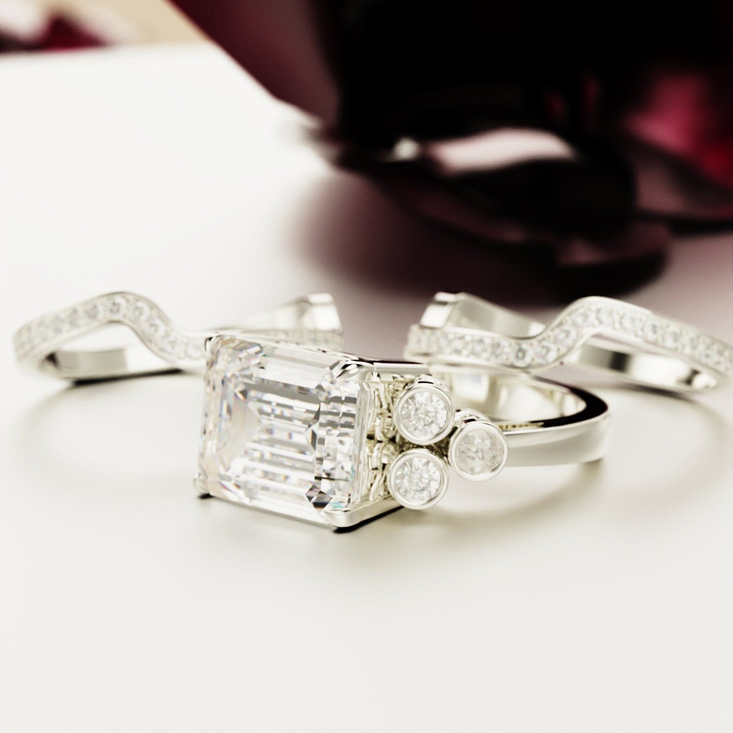 Amour Éternel : Ensemble Bague Diamant Taille Émeraude - Argent Sterling S925