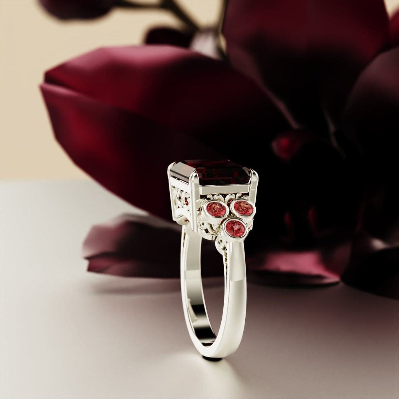 Amour Pourpre : Bague Rubis Taille Émeraude - Argent Sterling S925