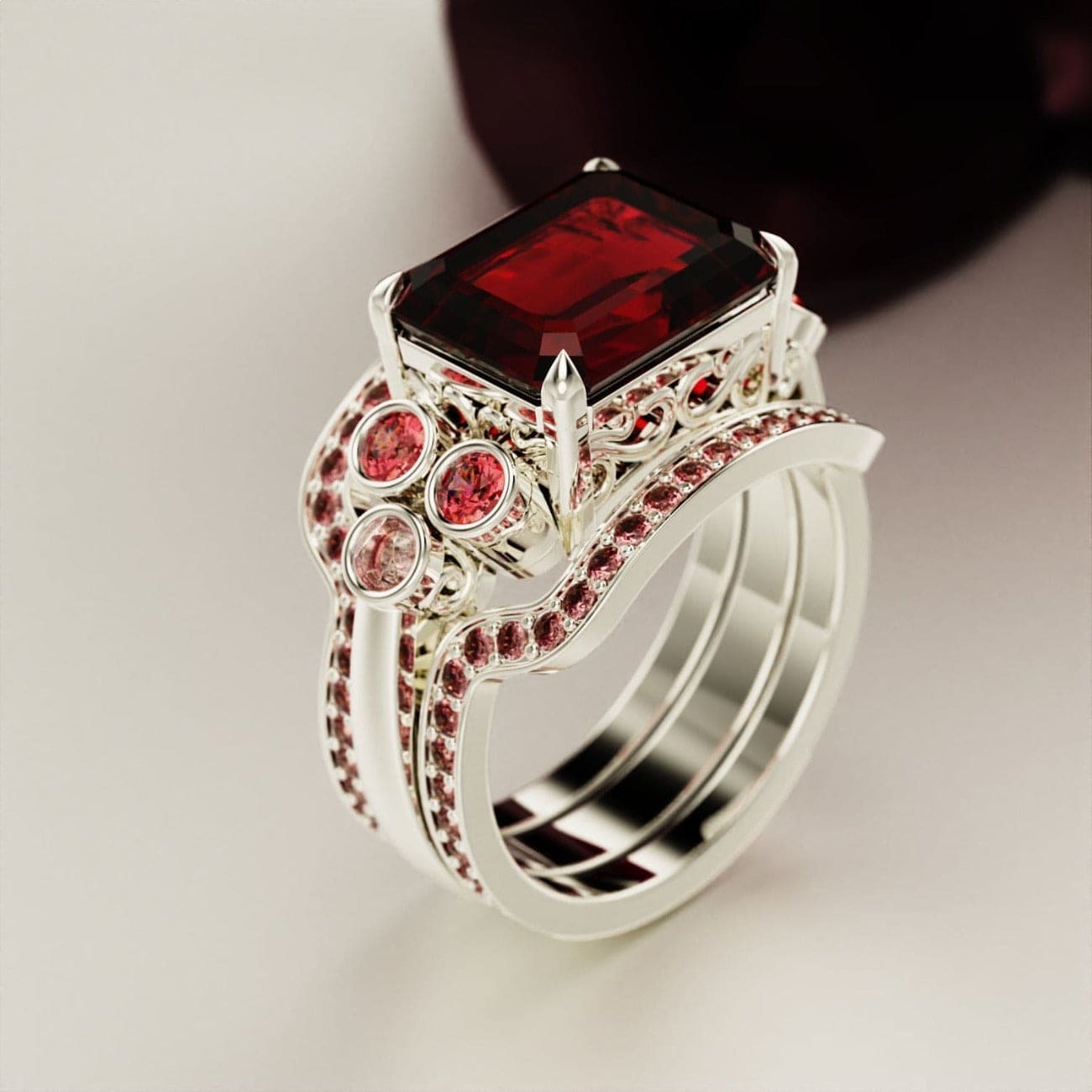 Crimson Love: Emerald-Cut Garnet Ring Set - S925 Sterling Silver