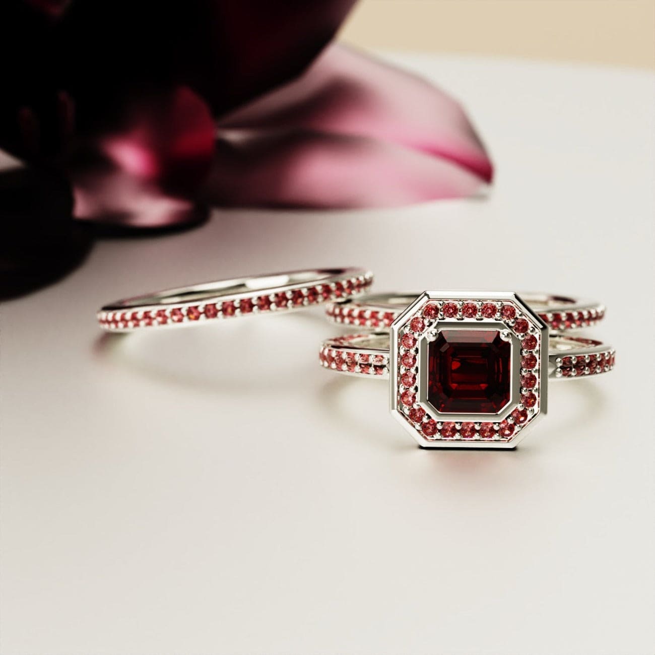 Dévotion : Ensemble Bague Halo Grenat Taille Émeraude - Argent Sterling S925