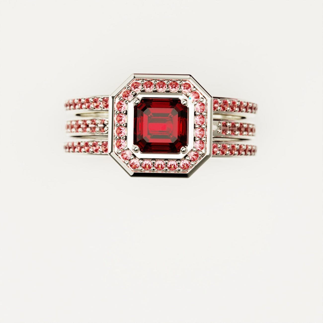 Dévotion : Ensemble Bague Halo Grenat Taille Émeraude - Argent Sterling S925