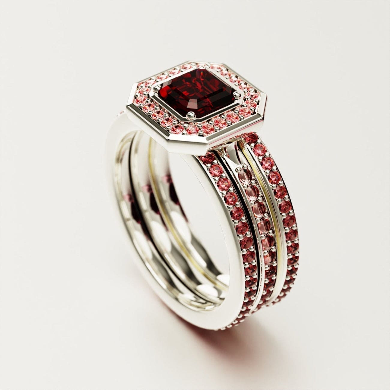 Dévotion : Ensemble Bague Halo Grenat Taille Émeraude - Argent Sterling S925