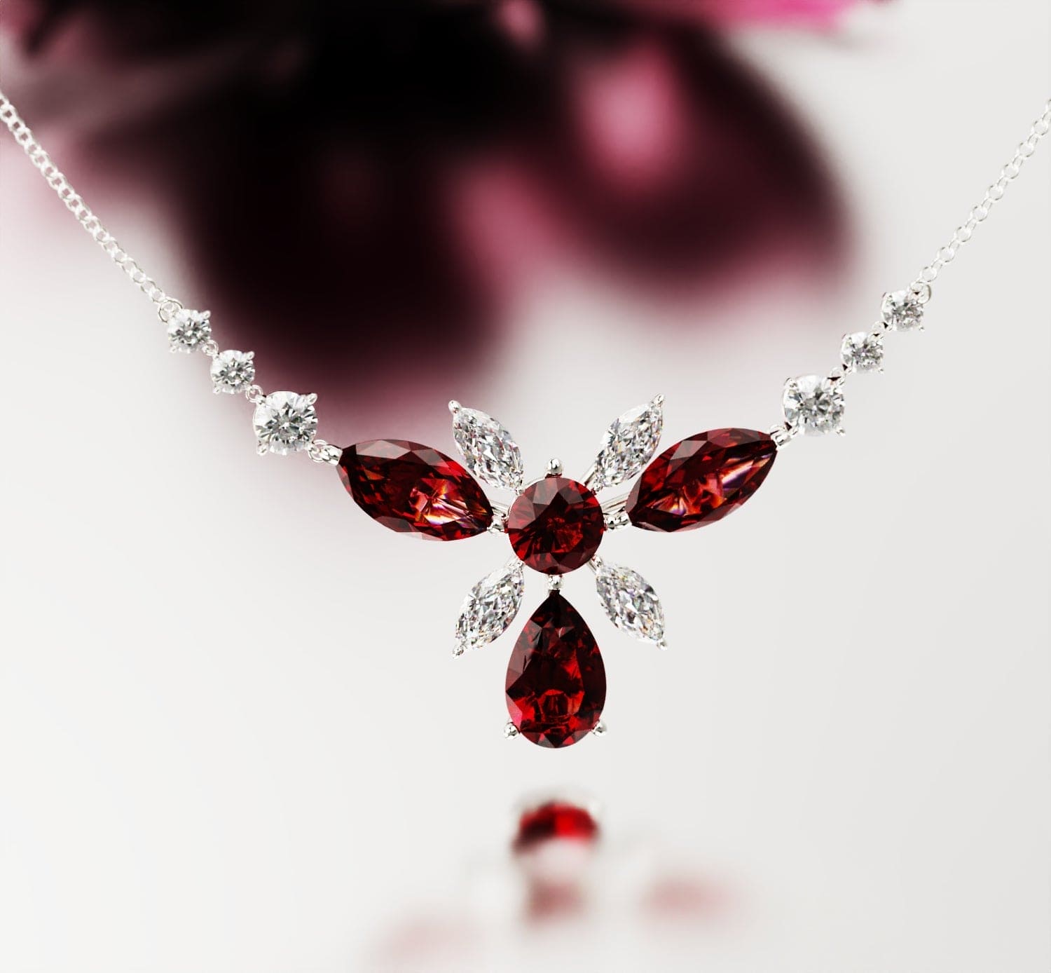 Collier rubis rond floral Bloom écarlate - Argent S925
