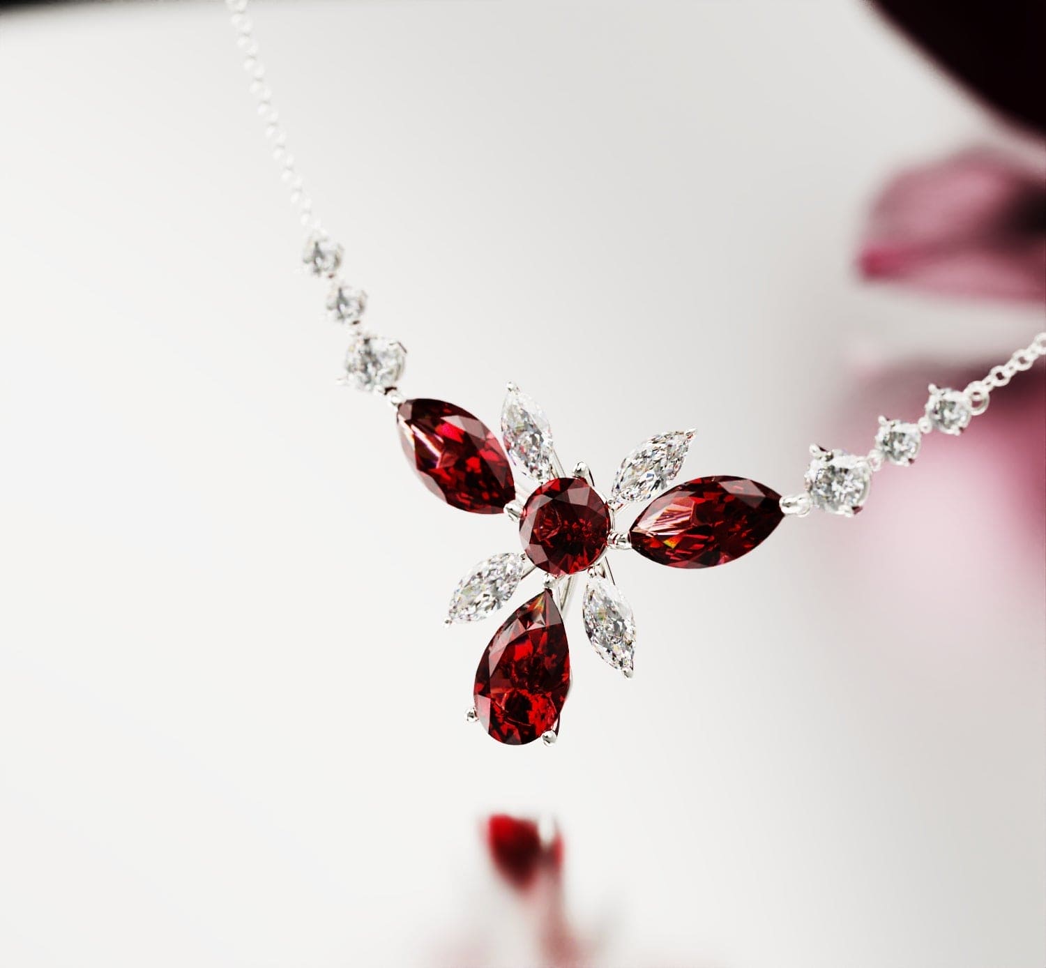 Collier rubis rond floral Bloom écarlate - Argent S925