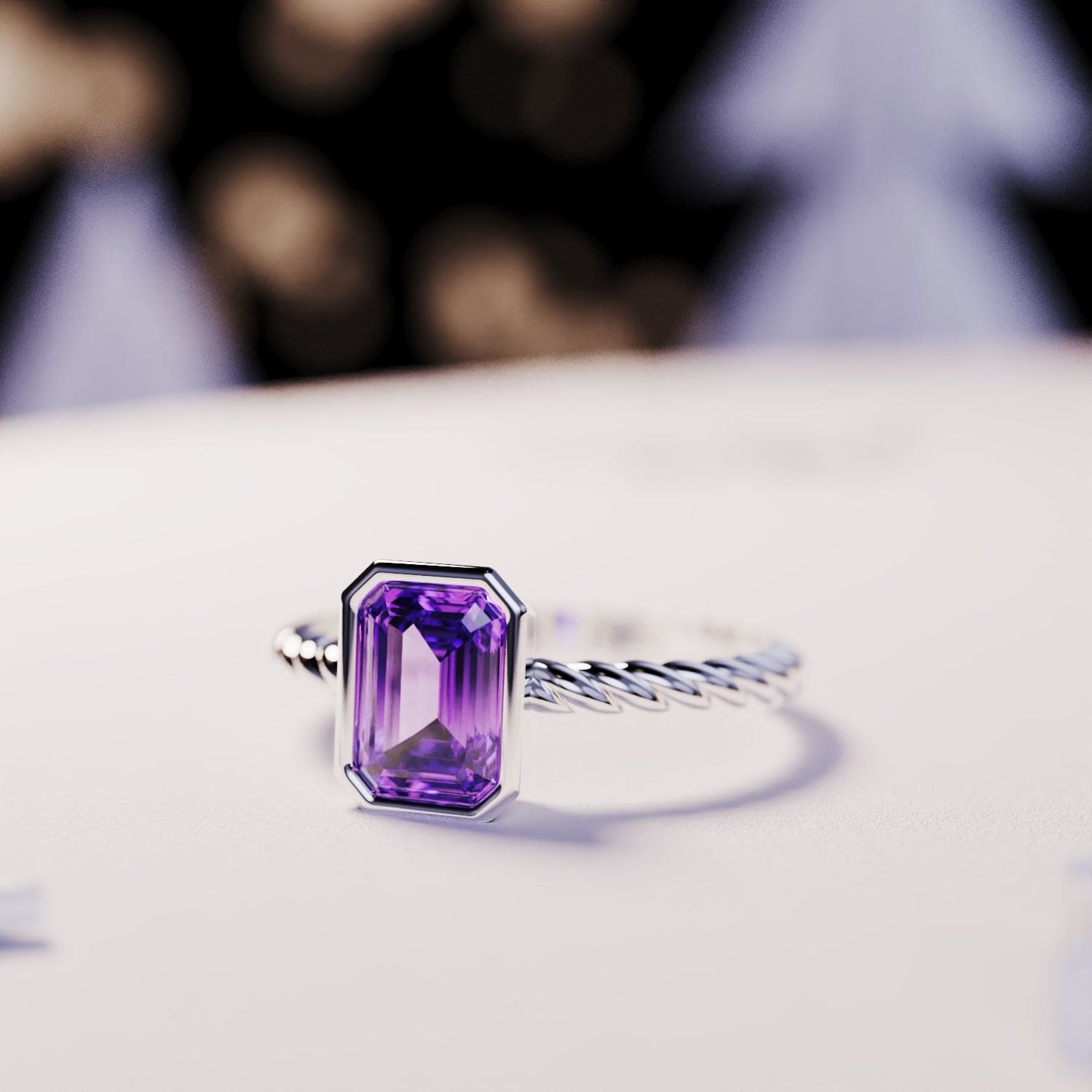 Le Solitaire : Bague Améthyste Taille Émeraude - Argent Sterling S925