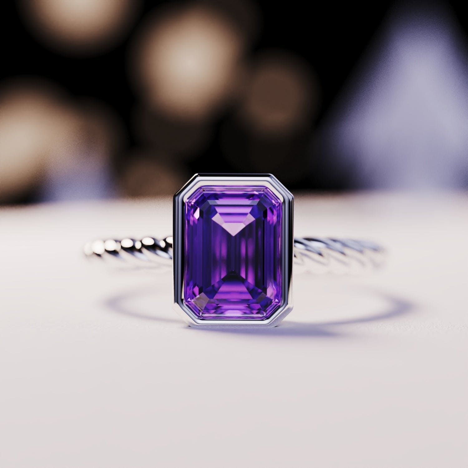 Le Solitaire : Bague Améthyste Taille Émeraude - Argent Sterling S925