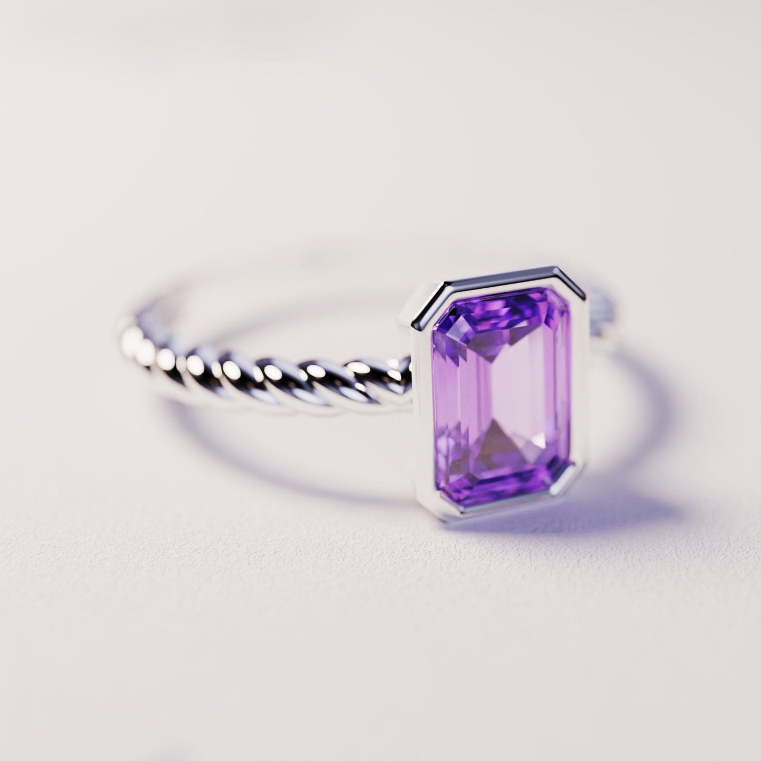 Le Solitaire : Bague Améthyste Taille Émeraude - Argent Sterling S925