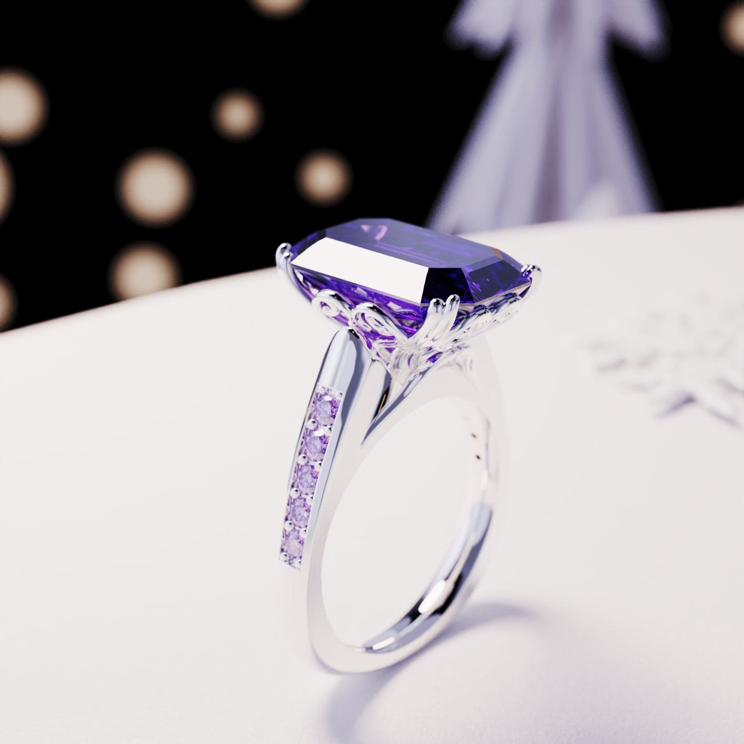 Violet Dream: Bague sculptée taille émeraude - Argent Sterling S925