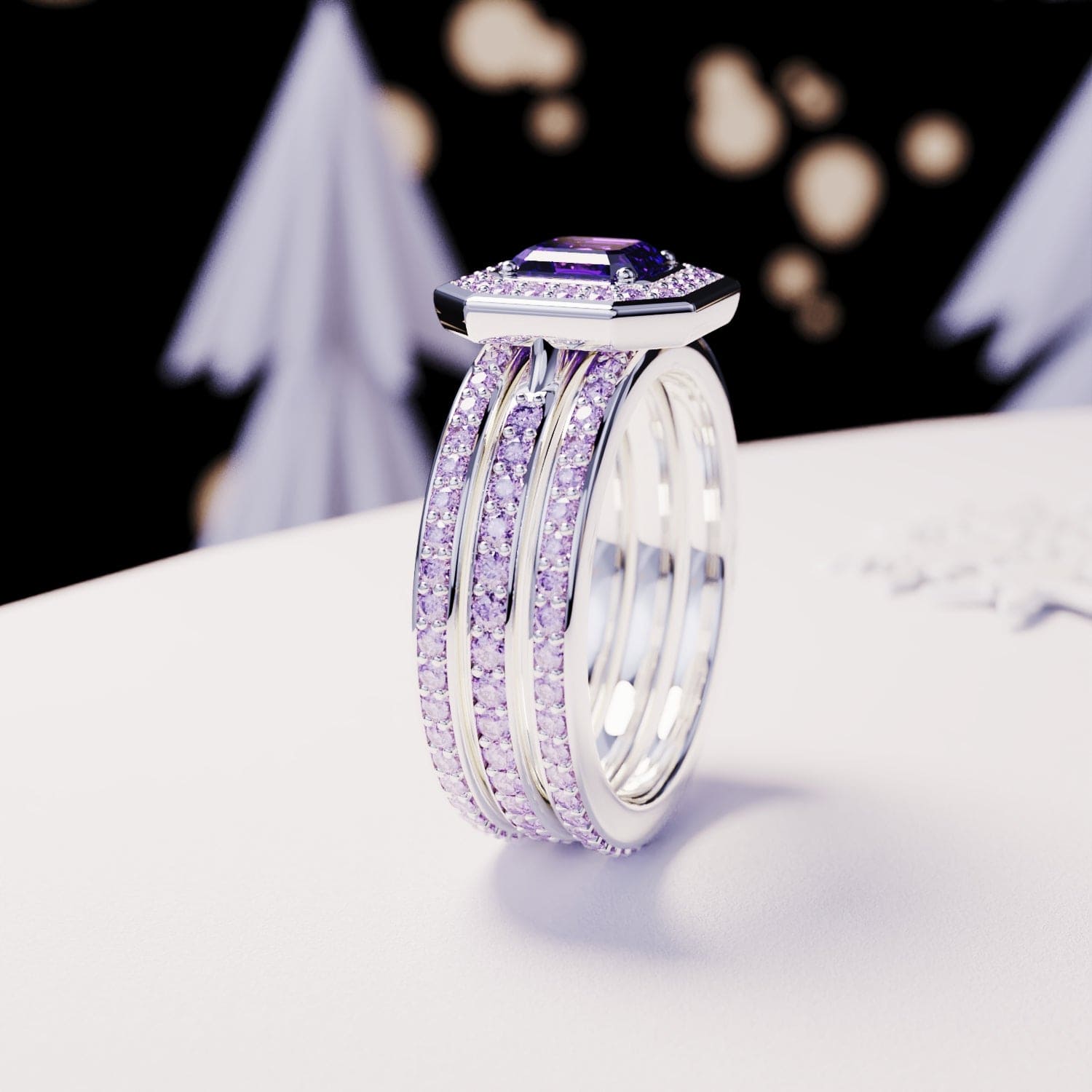 Dévotion : Ensemble de bagues 3en1 améthyste taille émeraude - Argent Sterling S925