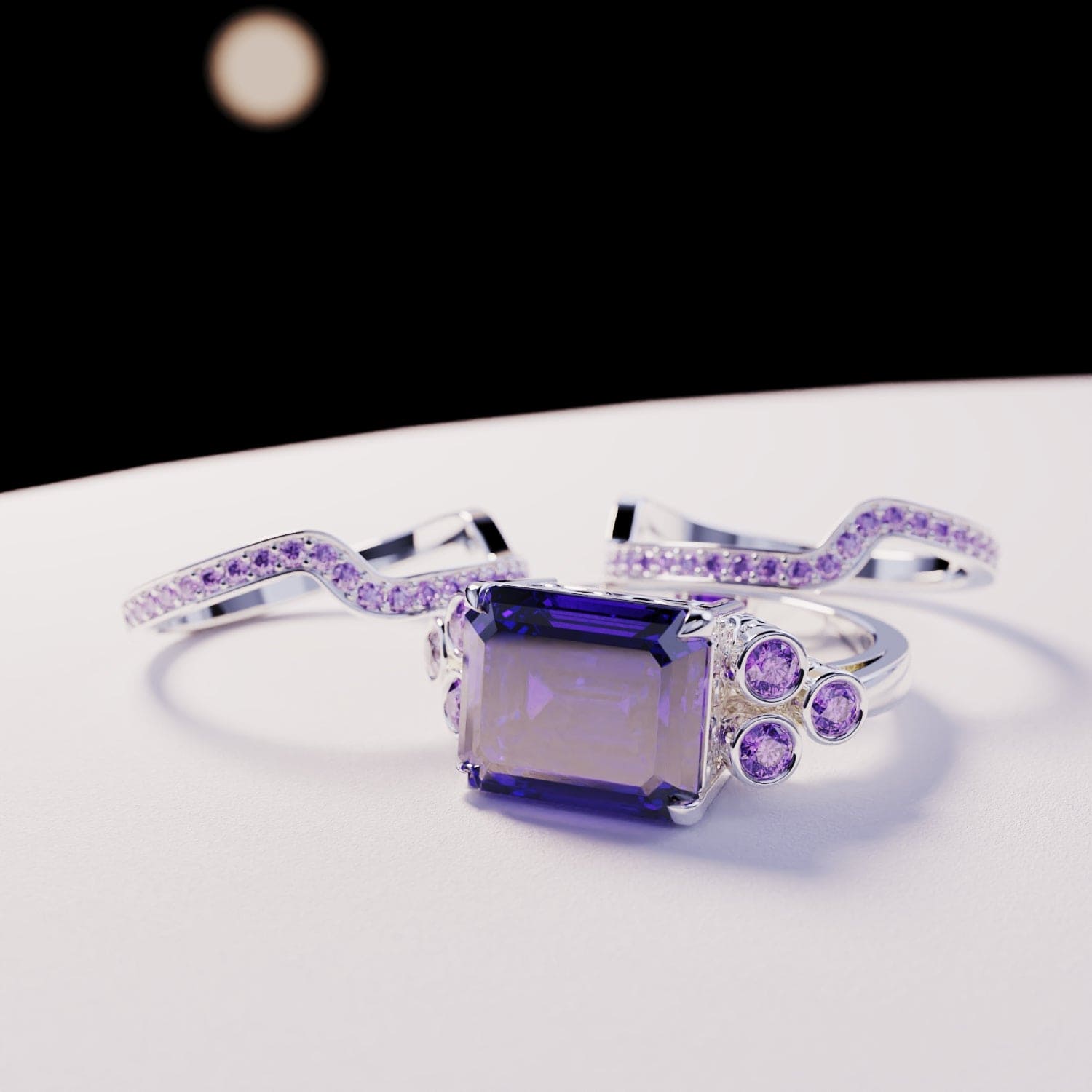 Violet Love : Ensemble de trois bagues taille émeraude - Argent sterling S925