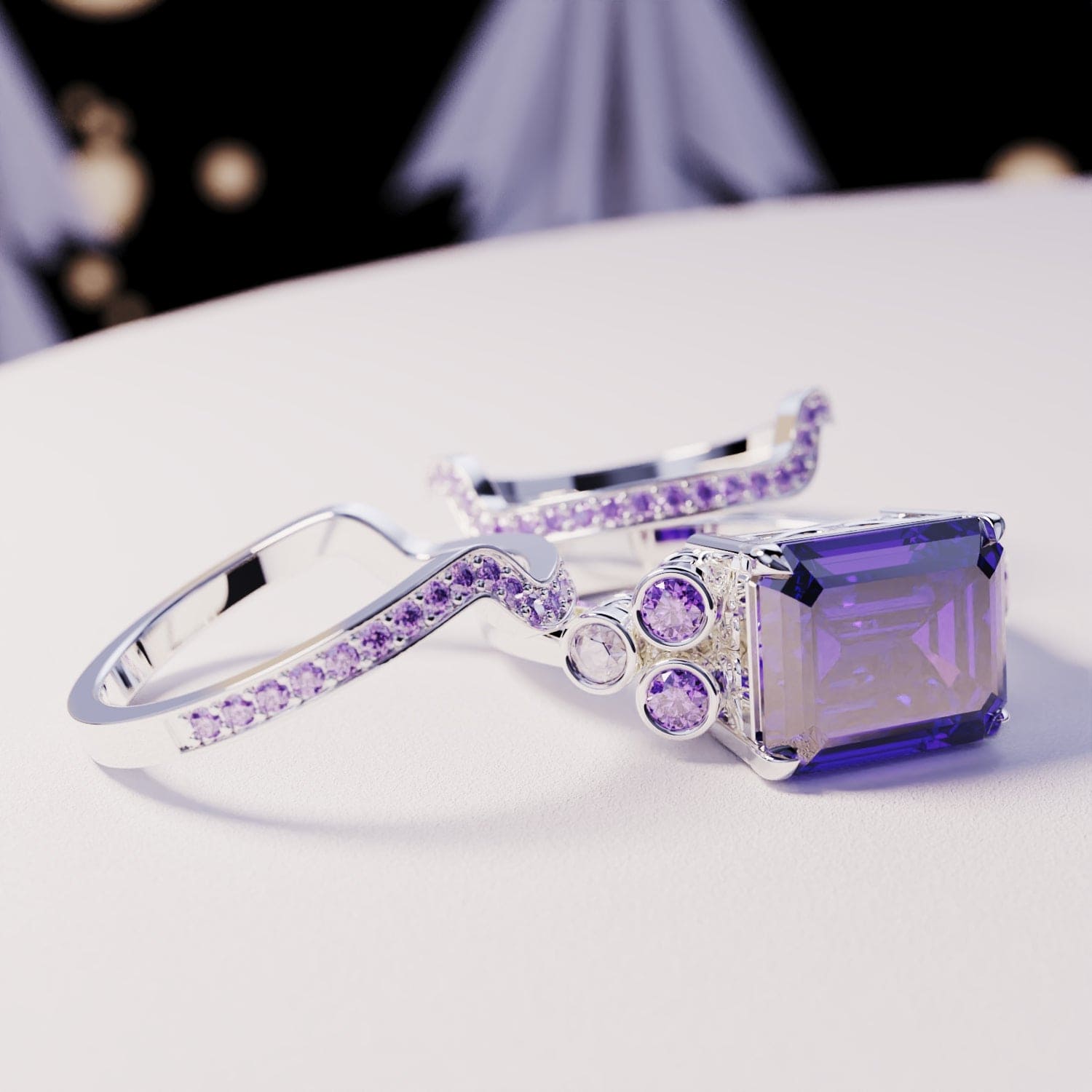 Violet Love : Ensemble de trois bagues taille émeraude - Argent sterling S925