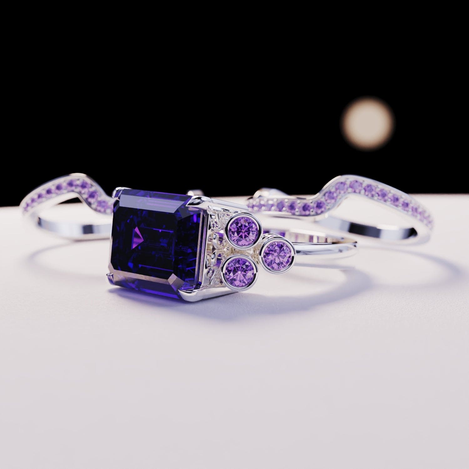 Violet Love : Ensemble de trois bagues taille émeraude - Argent sterling S925