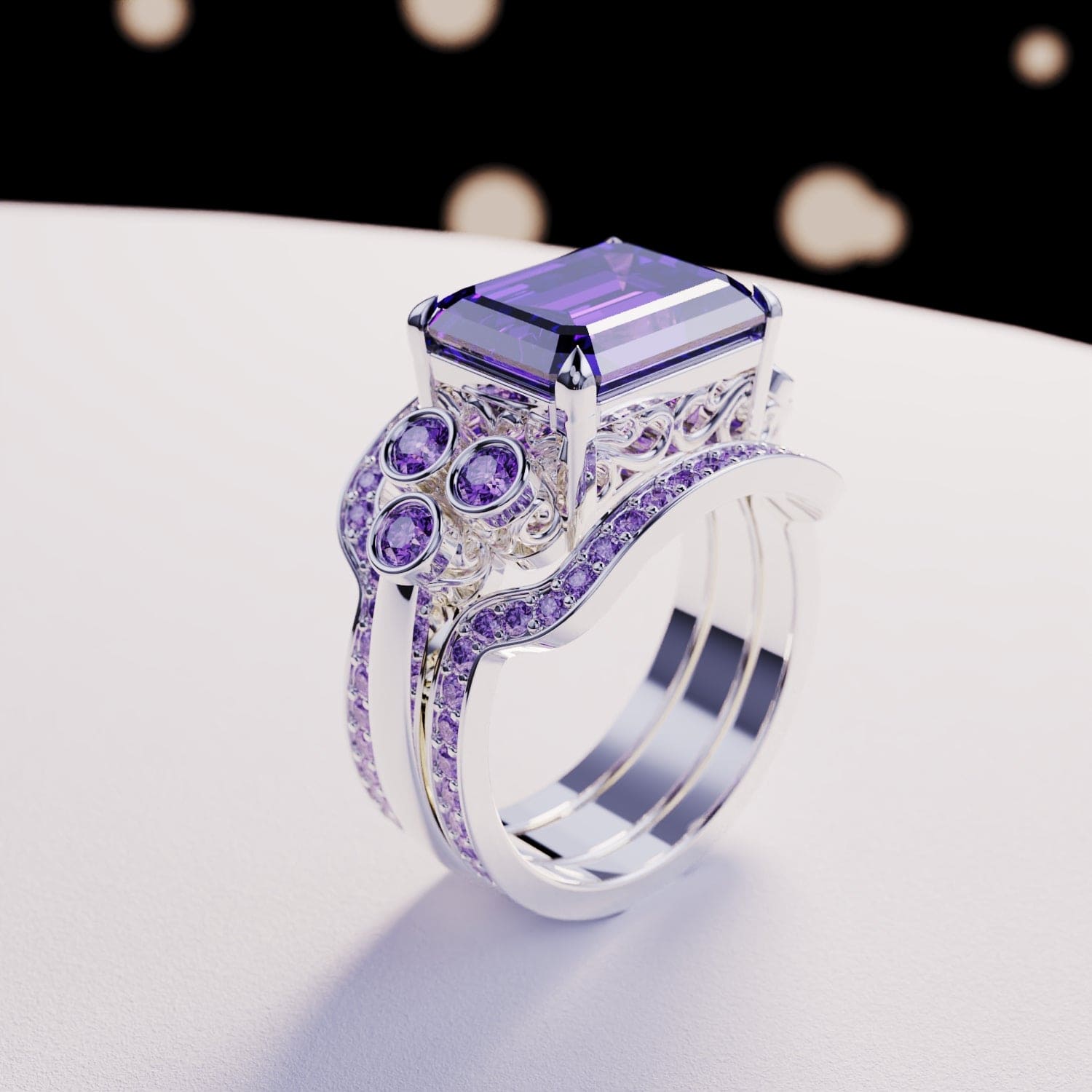 Violet Love: Emerald-Cut Triple Ring Set - S925 Sterling Silver