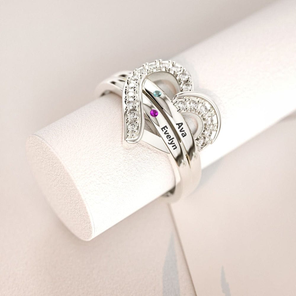 Bague Cœur Personnalisée Famille Argent 925 | 1-7 Noms & Pierres de Naissance