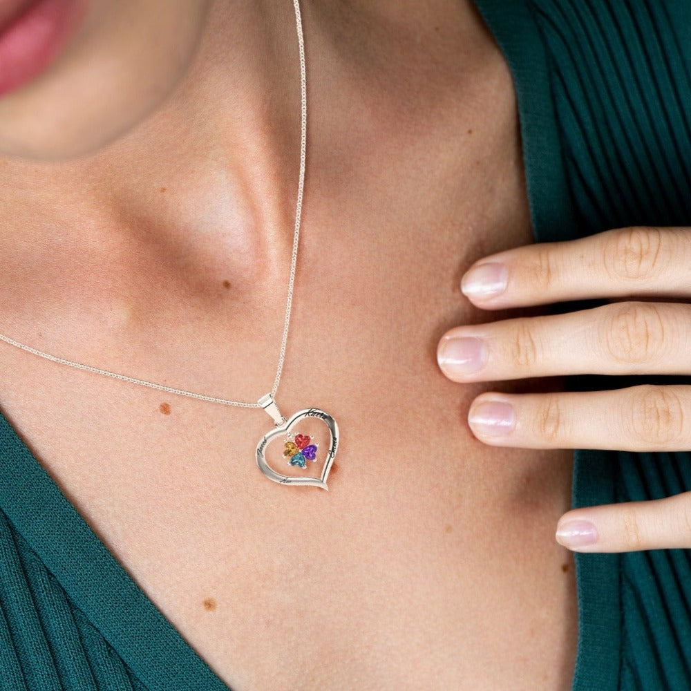 Collier personnalisé cœur argent avec pierres de naissance et 4 gravures