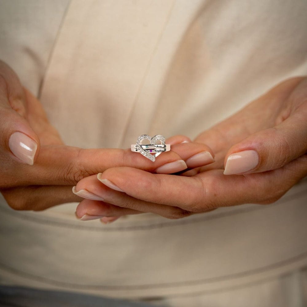 Bague Cœur Personnalisée Famille Argent 925 | 1-7 Noms & Pierres de Naissance