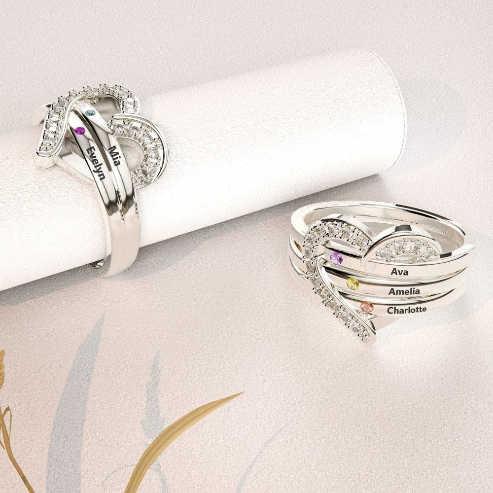 Bague Cœur Personnalisée Famille Argent 925 | 1-7 Noms & Pierres de Naissance