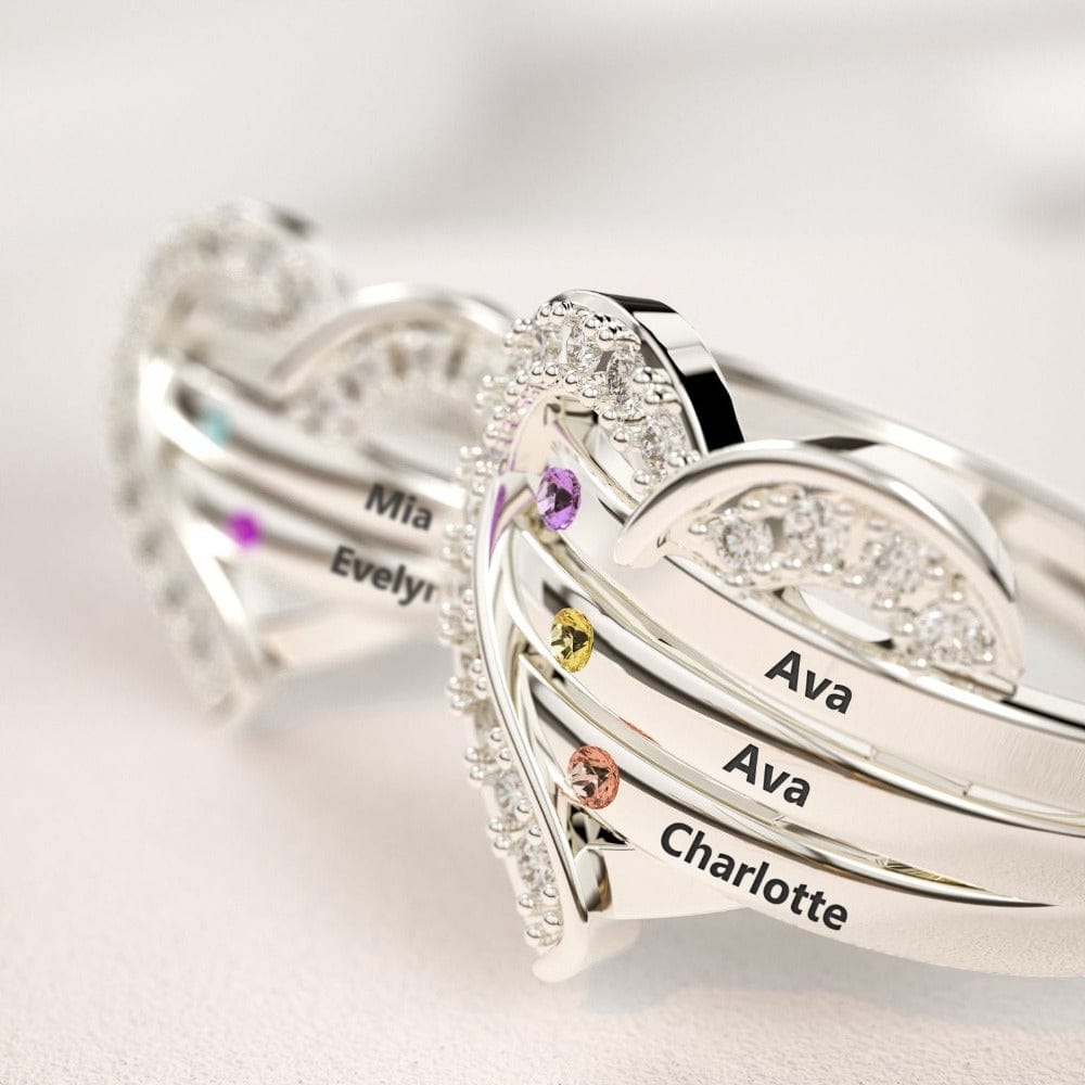 Bague Cœur Personnalisée Famille Argent 925 | 1-7 Noms & Pierres de Naissance