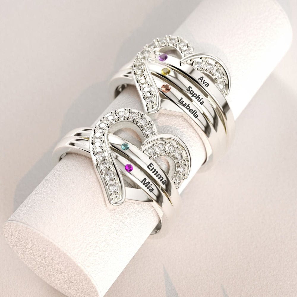 Bague Cœur Personnalisée Famille Argent 925 | 1-7 Noms & Pierres de Naissance