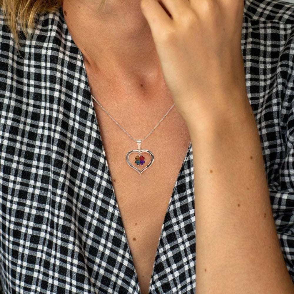 Collier personnalisé cœur argent avec pierres de naissance et 4 gravures
