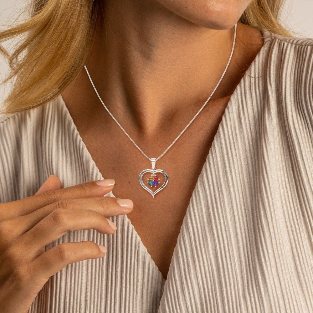 Collier personnalisé cœur argent avec pierres de naissance et 4 gravures