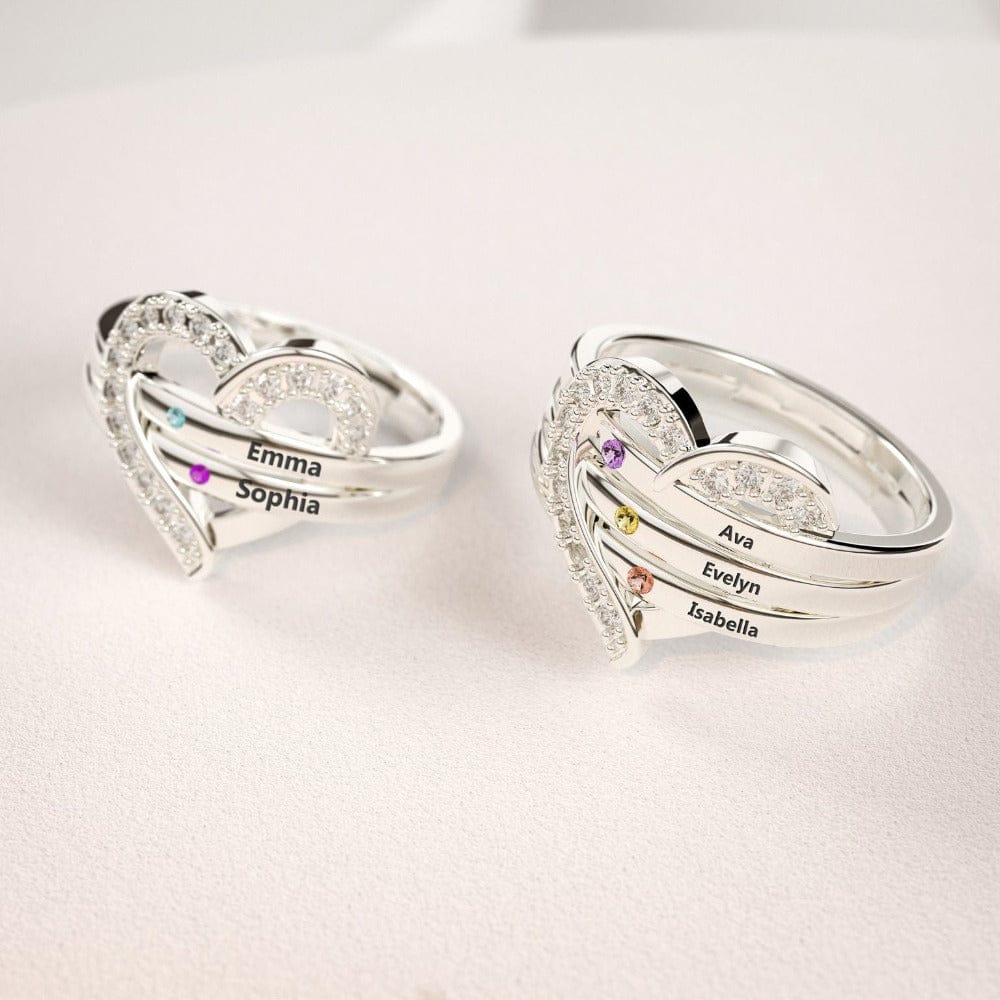 Bague Cœur Personnalisée Famille Argent 925 | 1-7 Noms & Pierres de Naissance