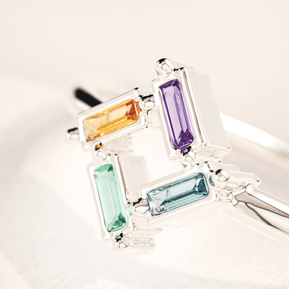 Personnalisable | S925 | Bague 3-6 Pierres de Naissance Baguette