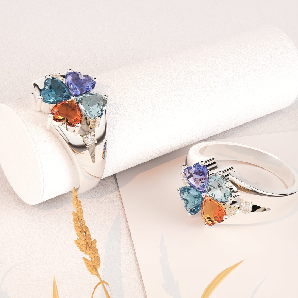 Bague trèfle personnalisée S925 Fête des Mères avec pierres de naissance
