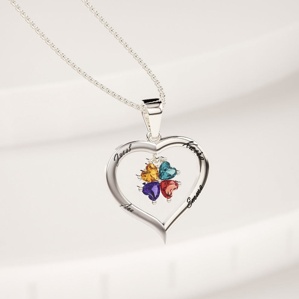 Collier personnalisé cœur argent avec pierres de naissance et 4 gravures