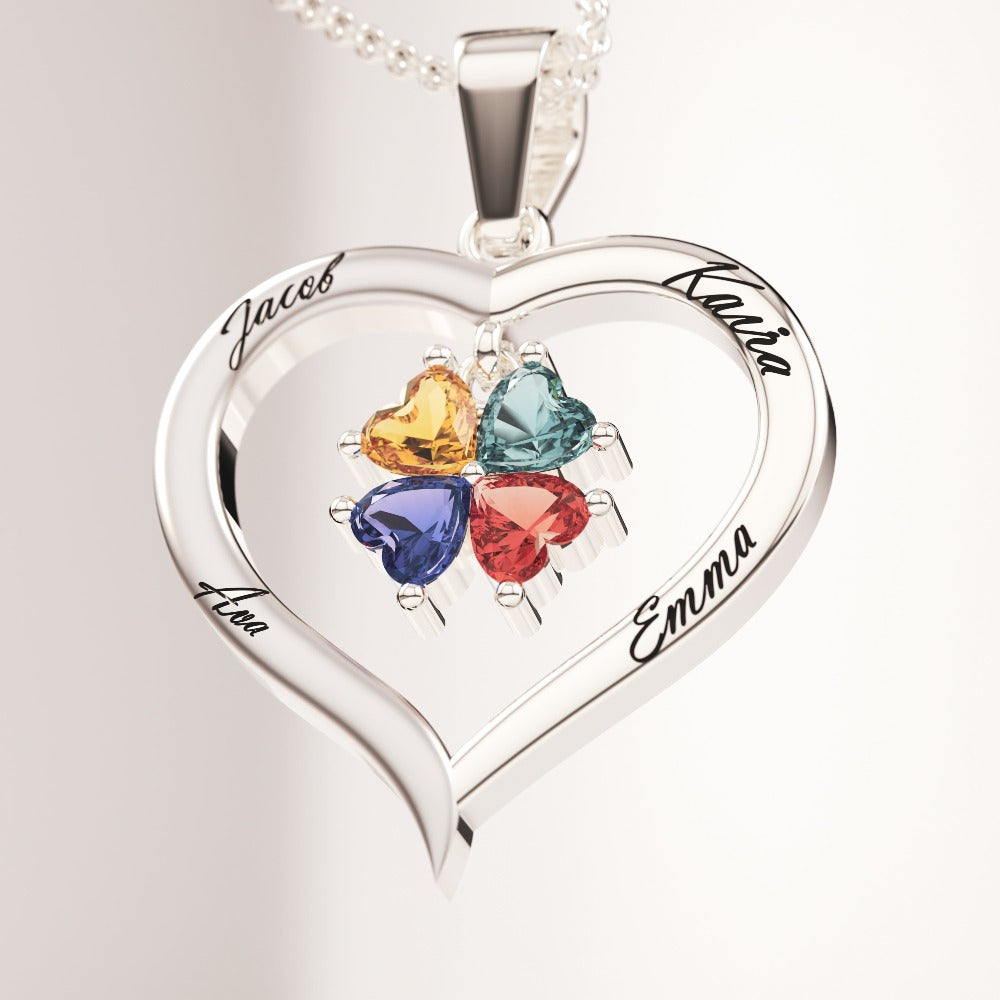 Collier personnalisé cœur argent avec pierres de naissance et 4 gravures