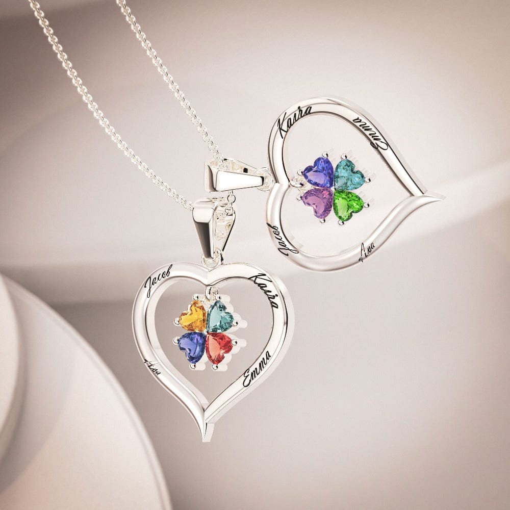Collier personnalisé cœur argent avec pierres de naissance et 4 gravures