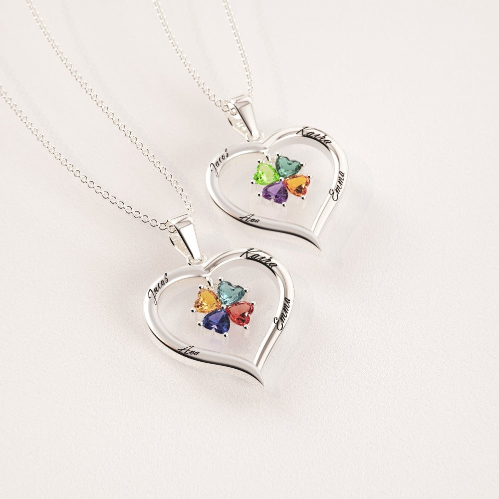 Collier personnalisé cœur argent avec pierres de naissance et 4 gravures