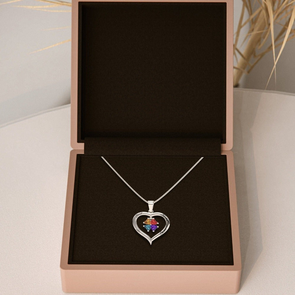 Collier personnalisé cœur argent avec pierres de naissance et 4 gravures