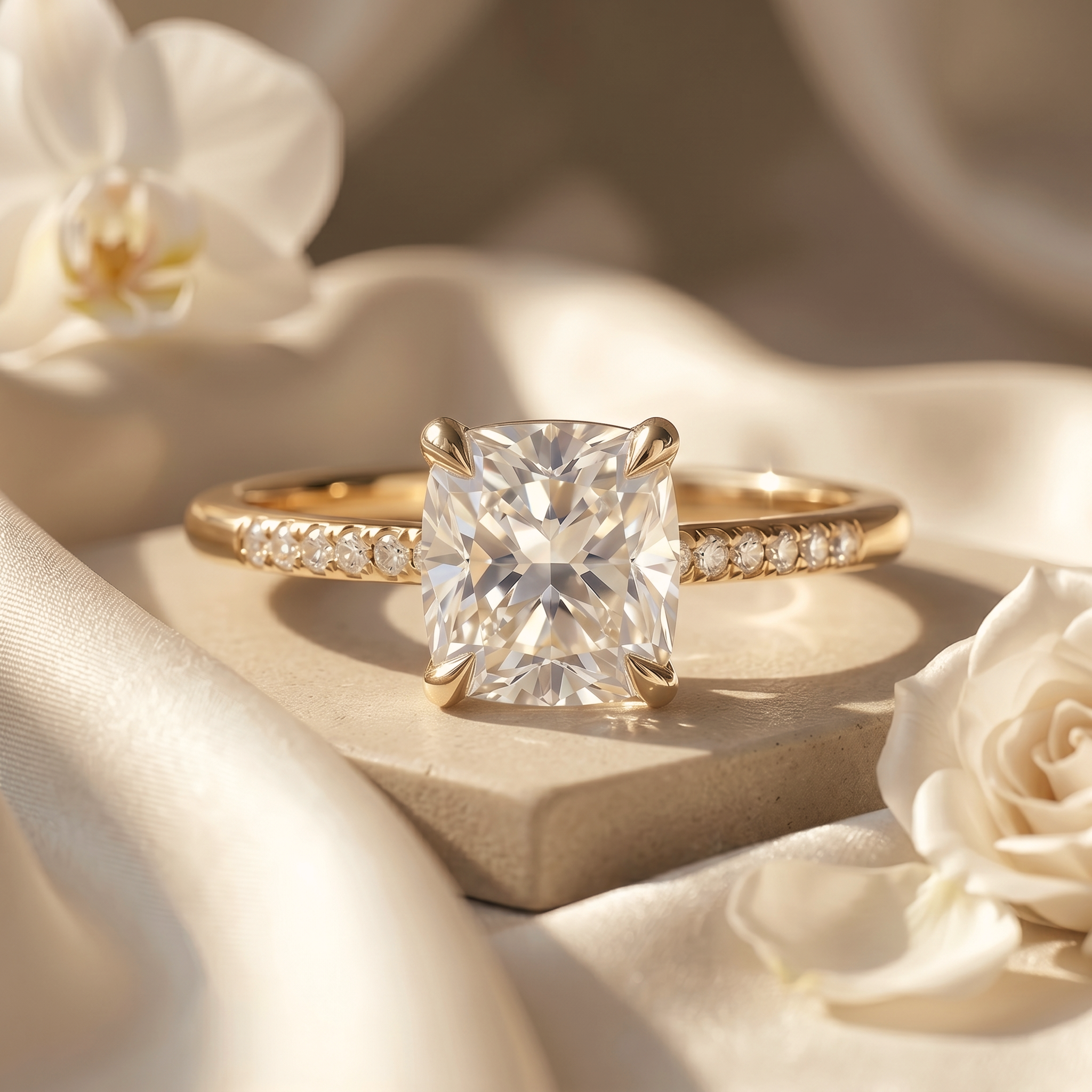 A cushion-cut moissanite engagement ring in yellow gold, displayed elegantly on a stone surface surrounded by white orchids.