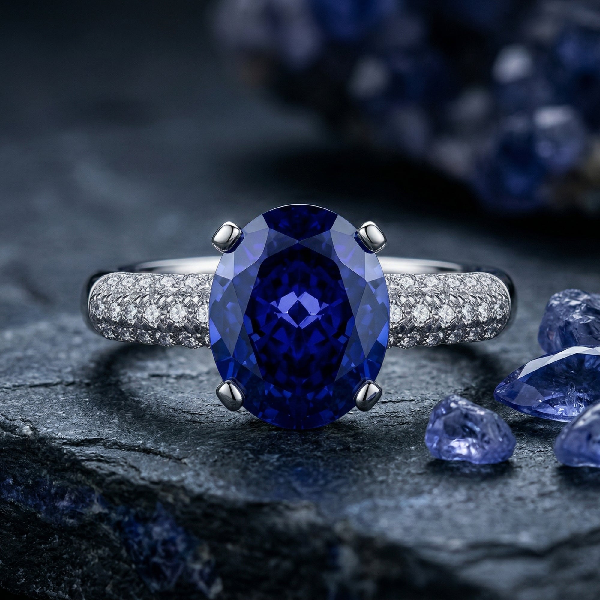 Frontal view of an oval natural tanzanite ring in sterling silver on a dark stone background with raw gemstones.