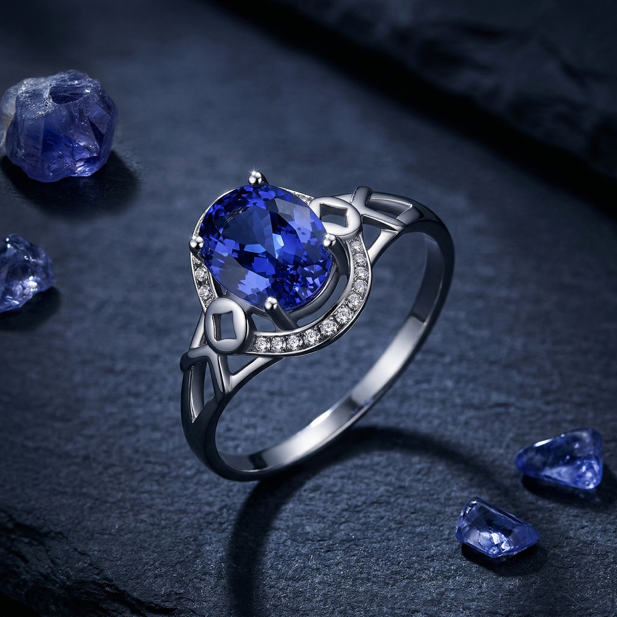 Oval cut tanzanite and diamond ring in 18K white gold on a dark stone surface with raw gemstones.