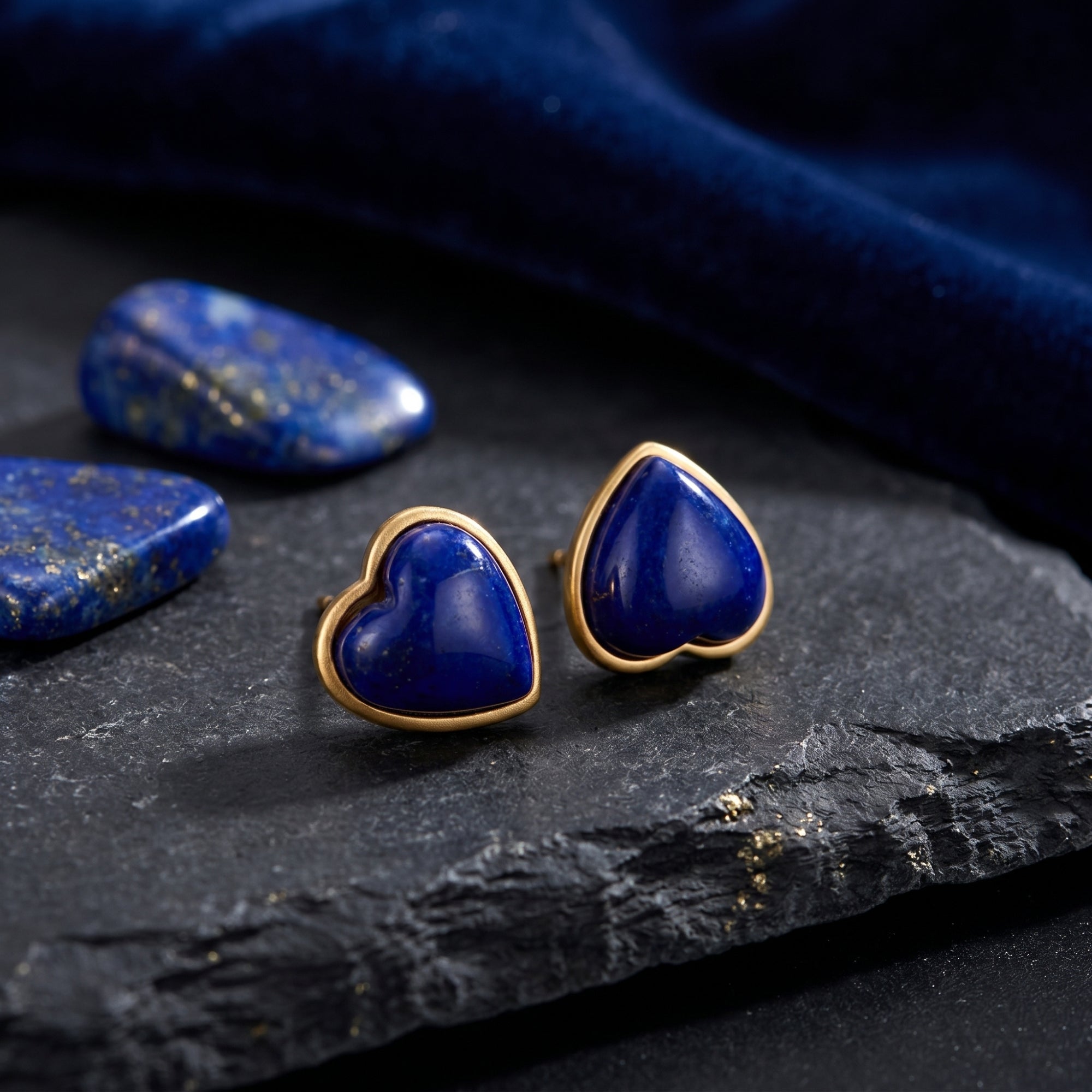 Heart-shaped natural lapis lazuli cabochon stud earrings in 18k gold plating on a dark stone background.