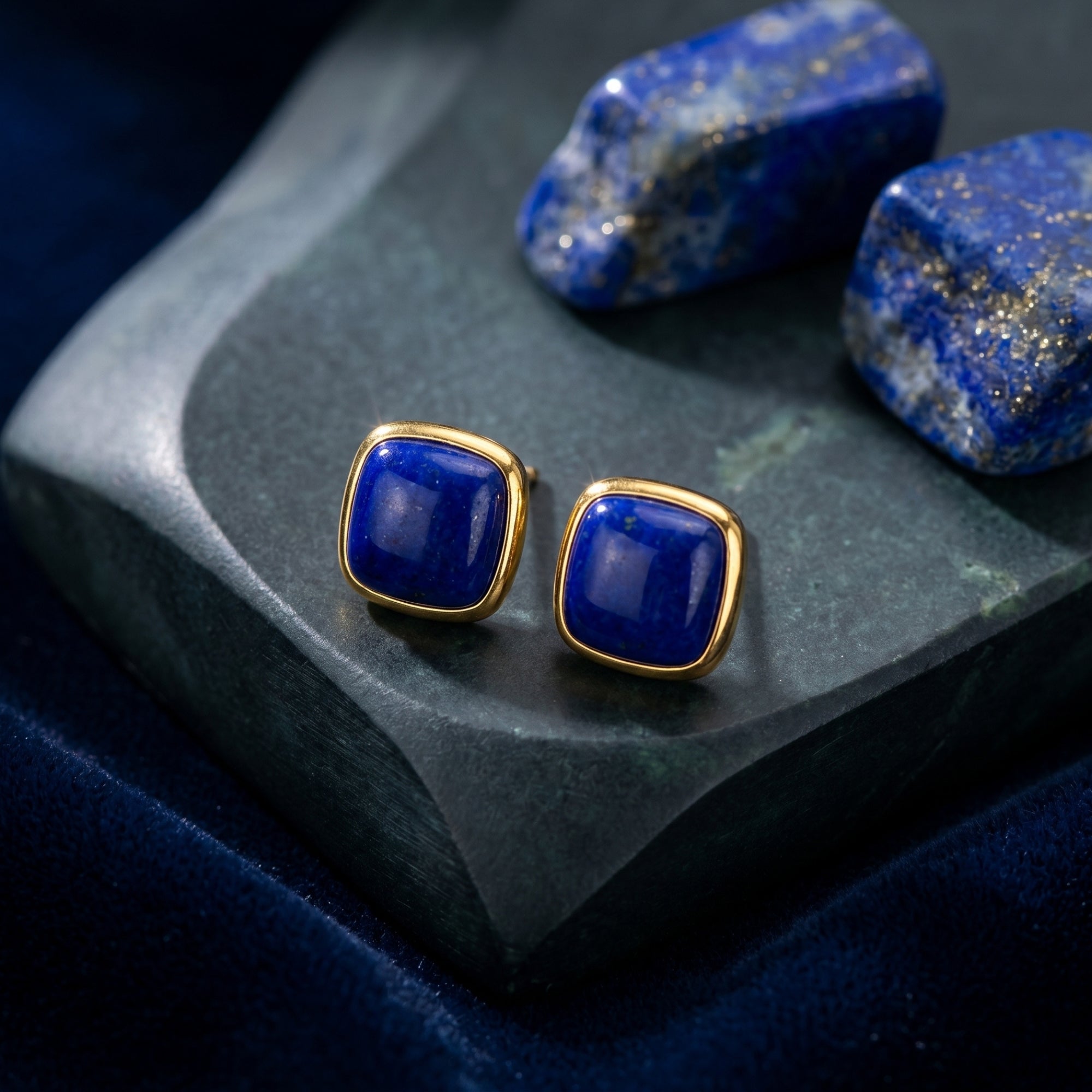 Cushion cut natural lapis lazuli stud earrings in yellow gold plating, styled on a dark stone surface with raw gems.