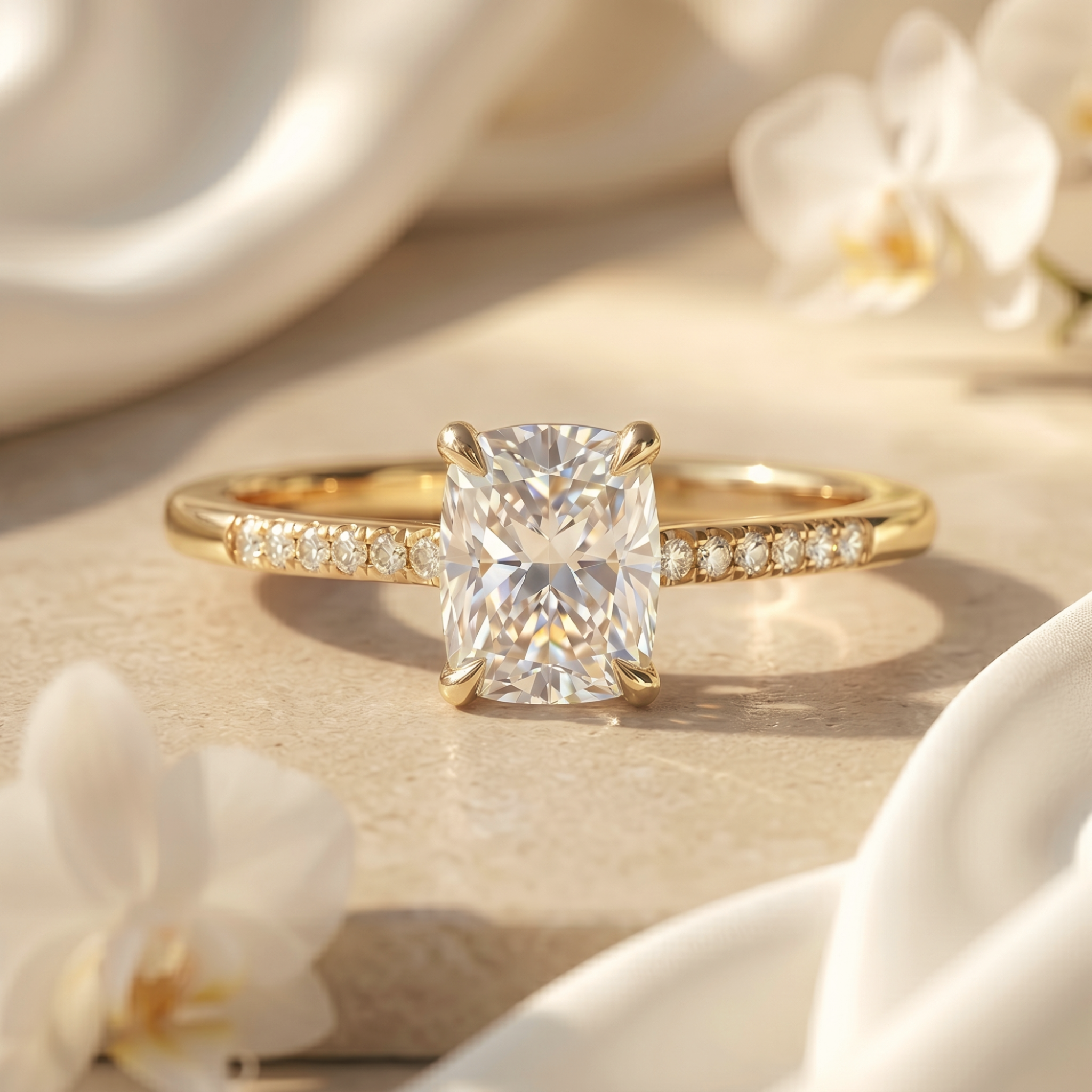 A cushion-cut moissanite engagement ring with a diamond pavé band in yellow gold.