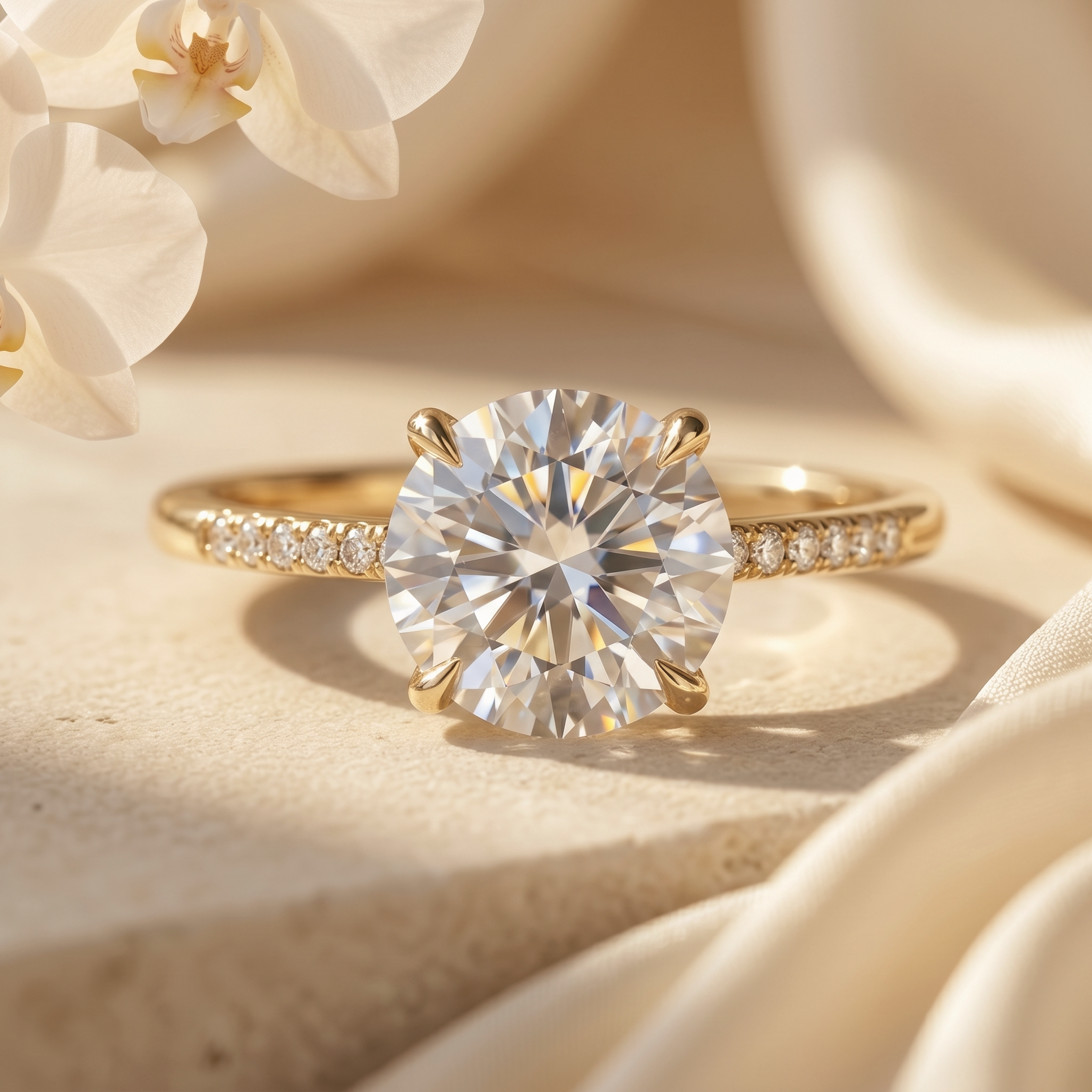 A round brilliant cut moissanite engagement ring in yellow gold with a diamond pavé band, resting on a stone surface.