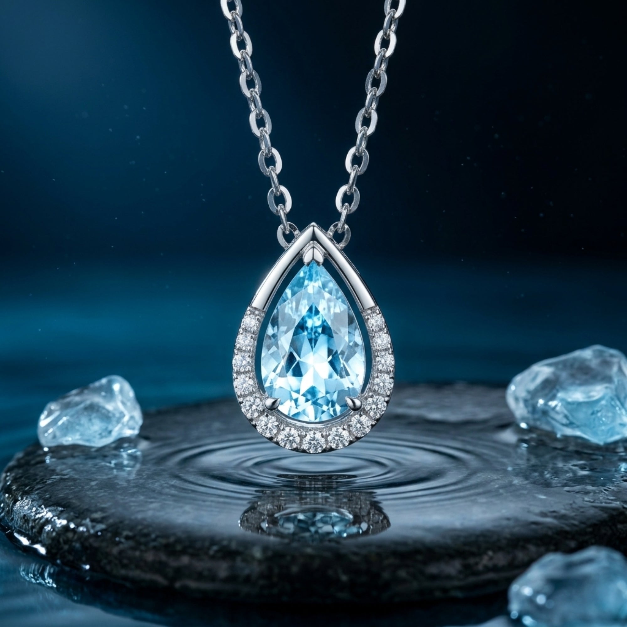 Pear cut aquamarine pendant in 18K white gold with a diamond halo, styled over rippling water on a dark stone.
