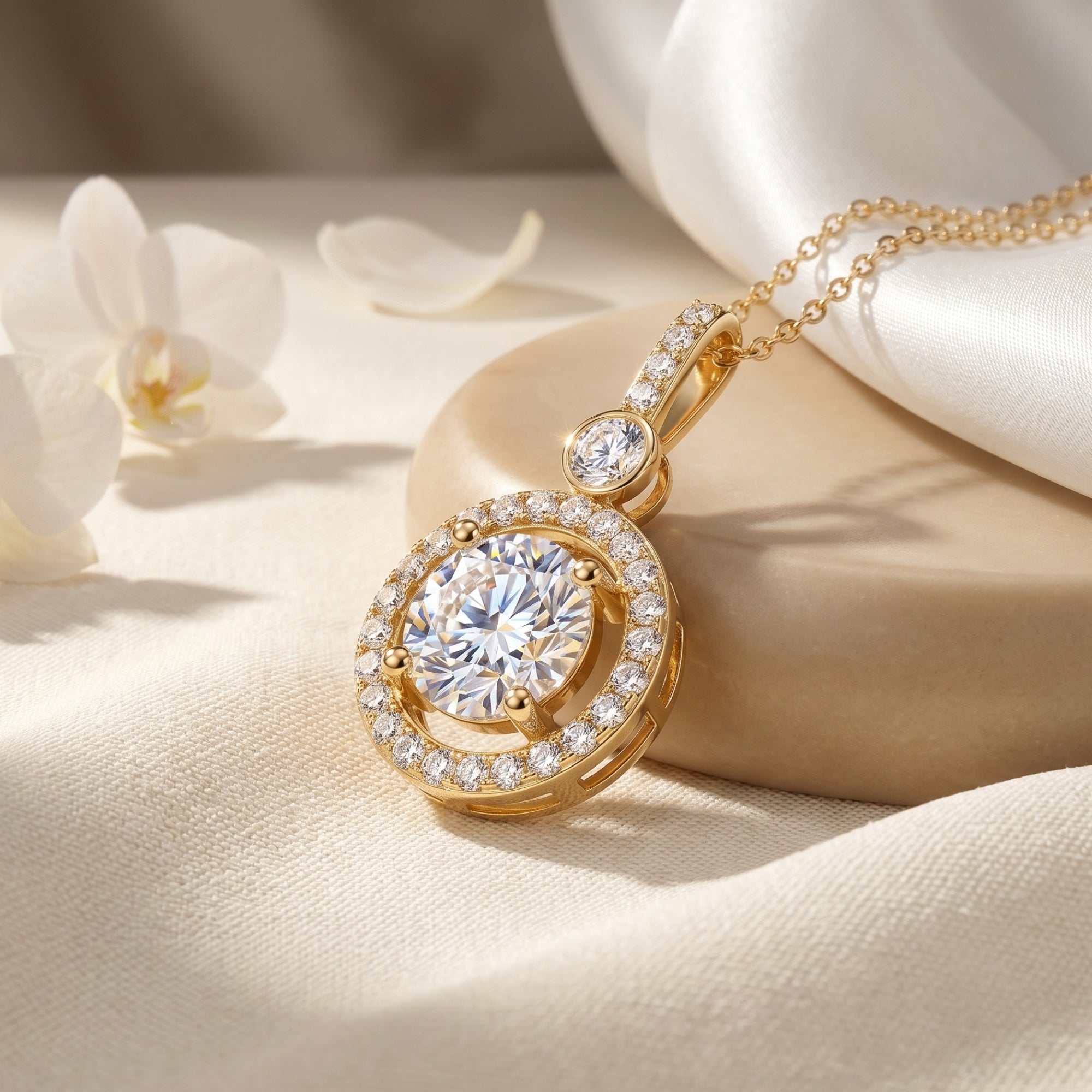 Gold Antoinette moissanite halo pendant necklace with a round center stone on silk fabric with white flowers.