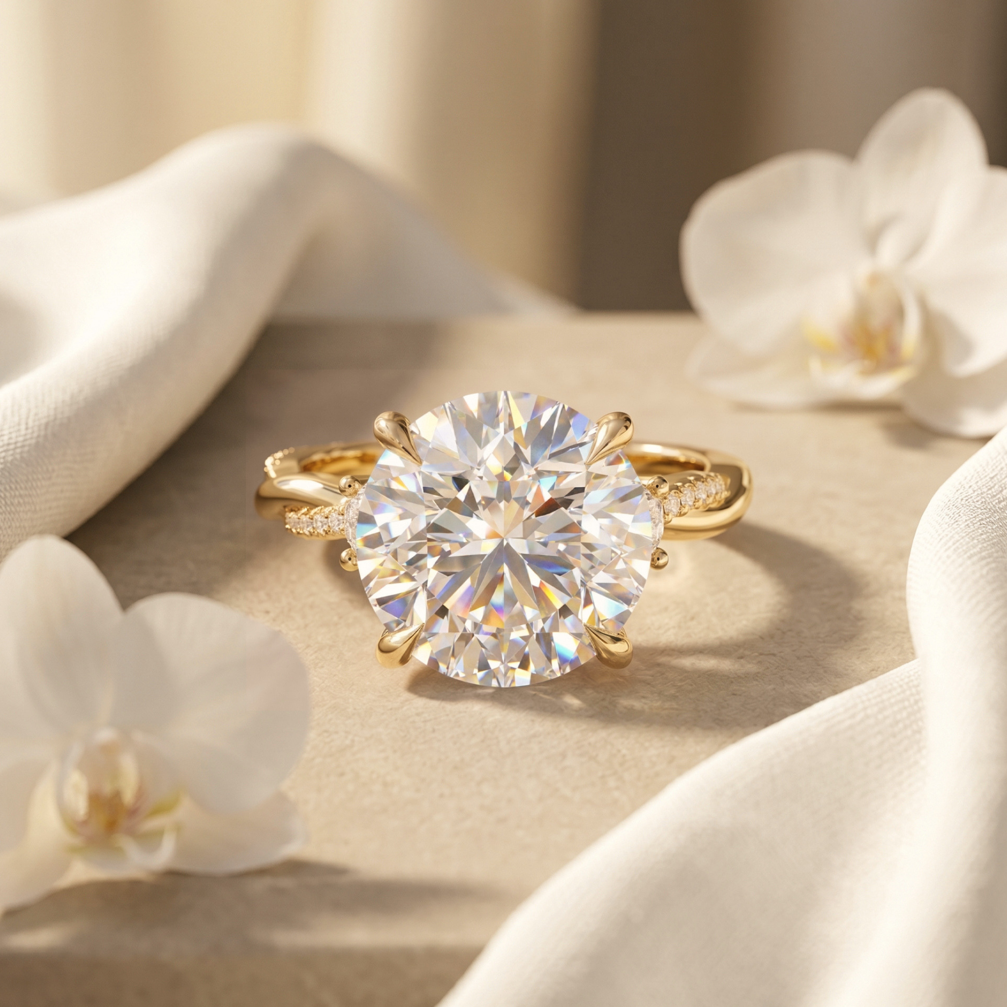 A round-cut moissanite engagement ring in yellow gold, displayed on a textured beige surface with white orchid petals.