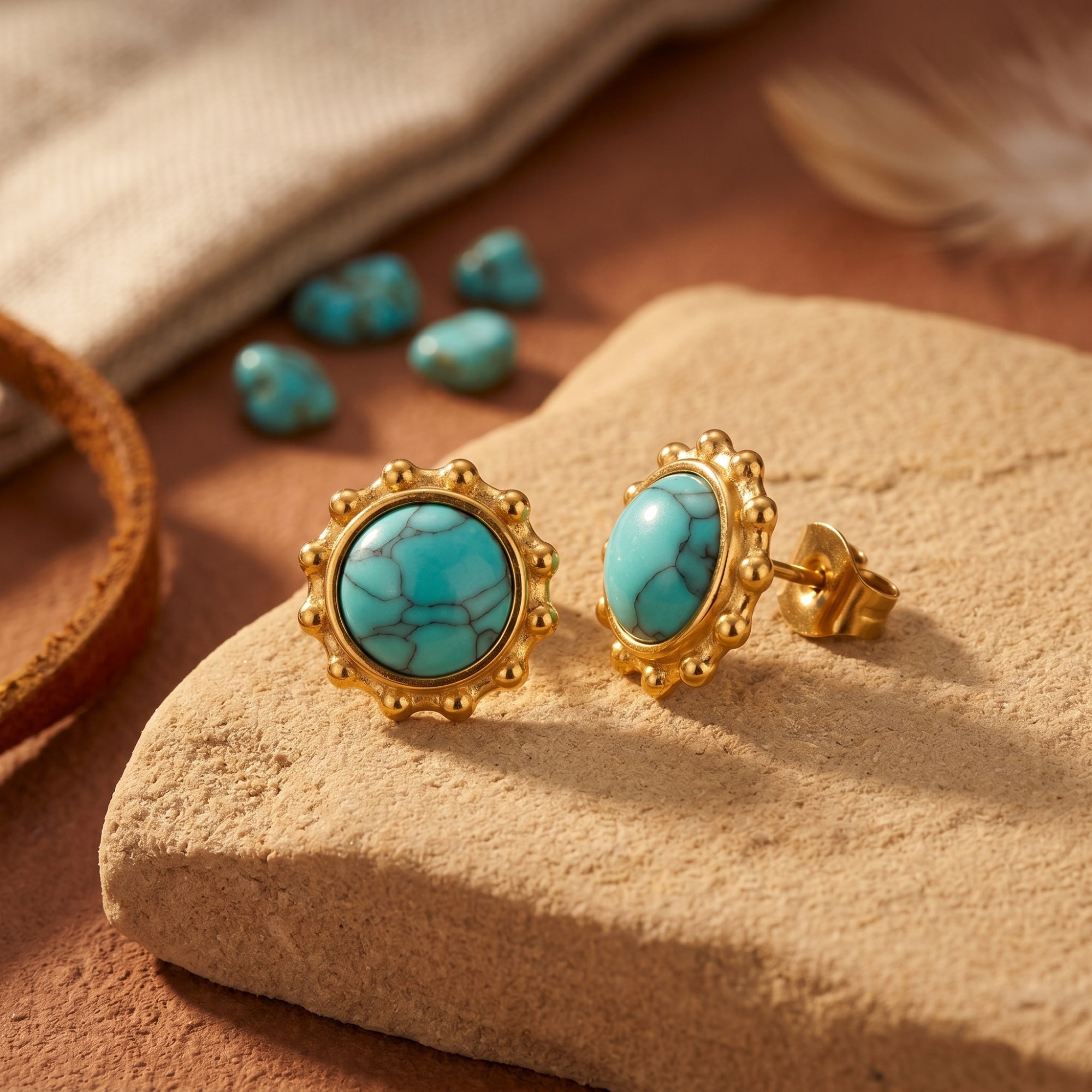 Gold turquoise cabochon stud earrings with dotted bezels on a desert-themed stone background.
