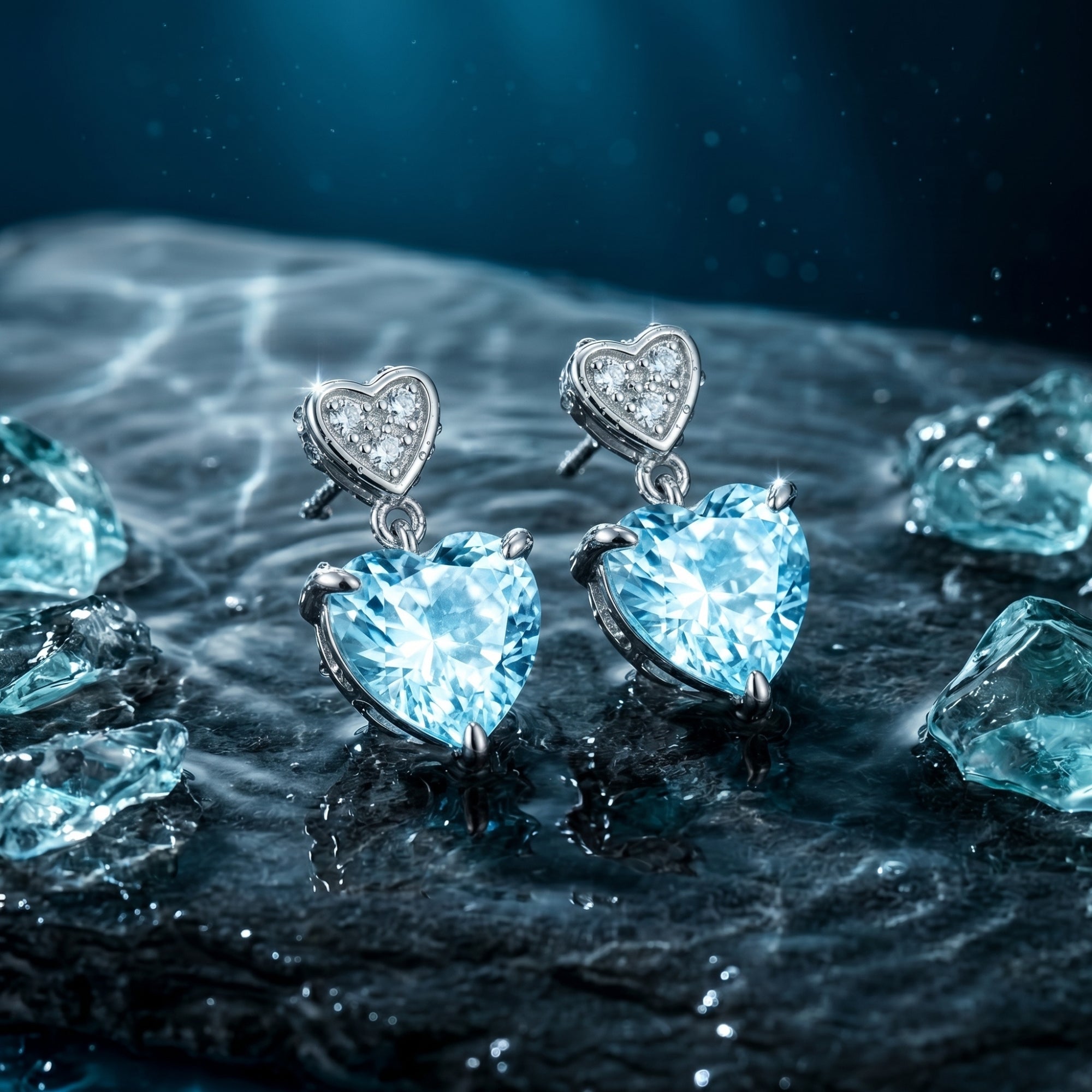 Heart-cut aquamarine drop earrings in 18K white gold on a dark wet rock with a blue water background.