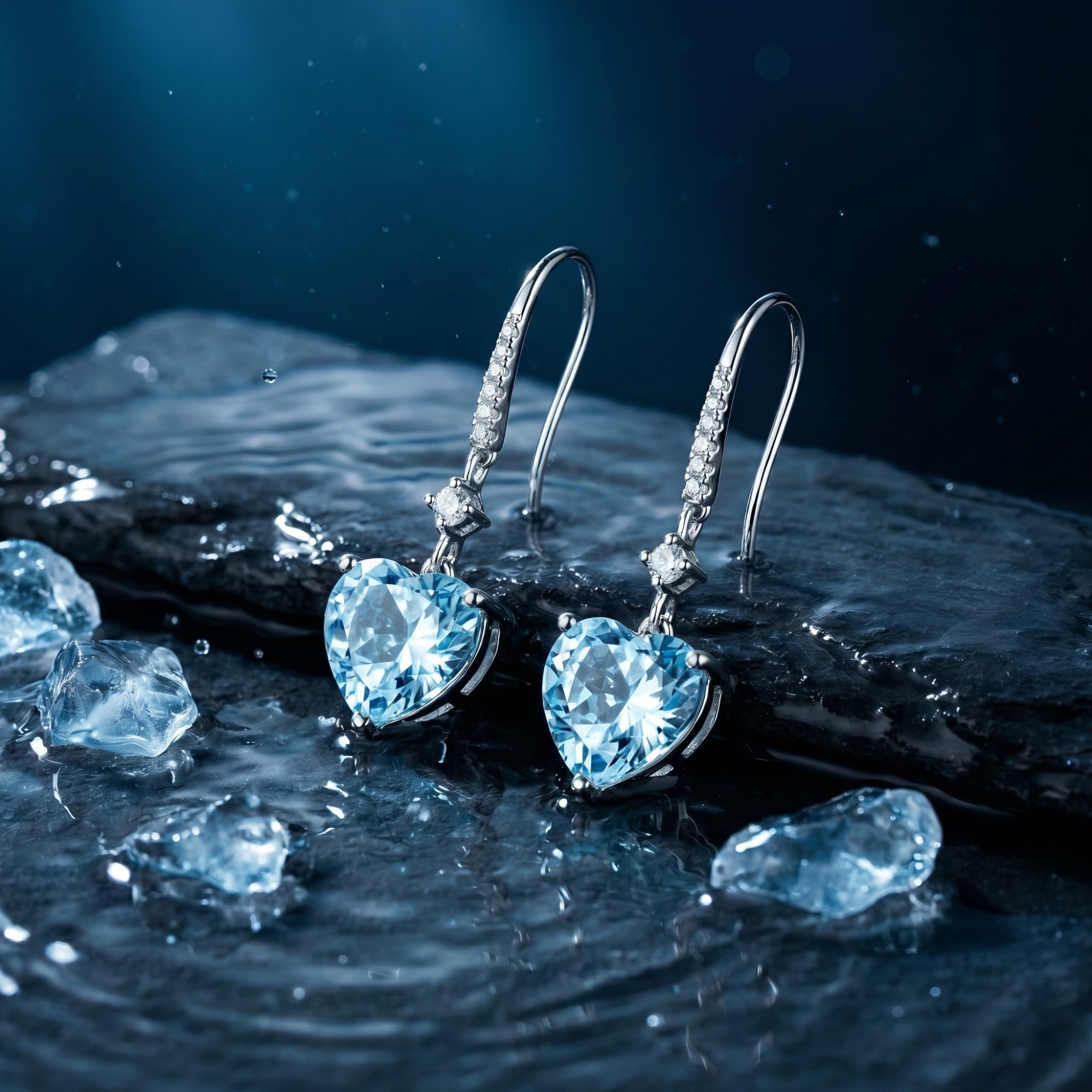 Heart cut aquamarine drop earrings with diamond accents in platinum on a wet stone with water splashes.