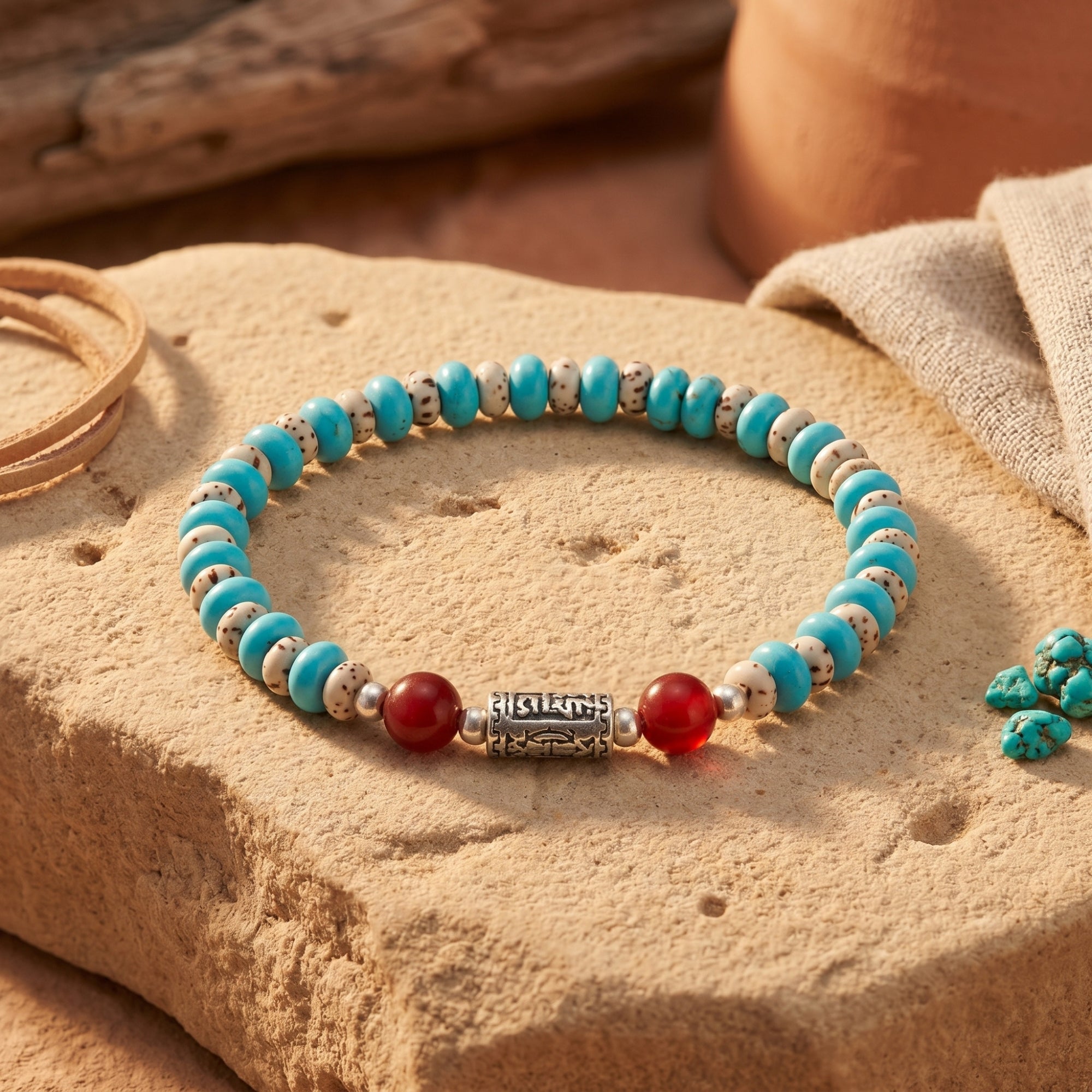 Turquoise and carnelian beaded bracelet with a silver mantra bead on a natural desert stone background.